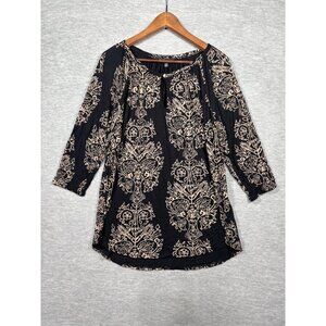 Lucky Brand Womens Blouse 1X Floral Black Beige Viscose 3/4 Sleeve Boho Chic Tun
